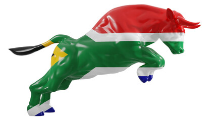 Obraz premium A charging bull with South Africa flag on transparent background representing South Africa bull stock market. 3d rendering