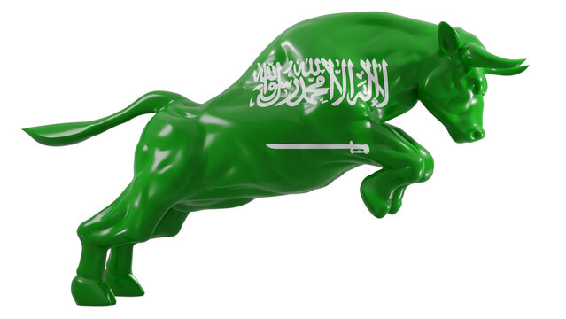 A charging bull with Saudi Arabia flag on transparent background representing Saudi Arabia bull stock market. 3d rendering