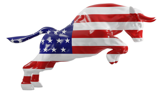 A charging bull with United States flag on transparent background representing US bull stock market. 3d rendering