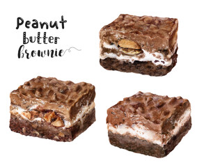 Watercolor illustration of peanut butter brownie dessert close up. Design template for packaging, menu, postcards.