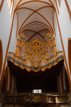 Wroclaw, Poland - June 2023: Organ of Garrison Church - Basilica of St Elisabeth located in historic part of Wroclaw city, Poland. High quality photo