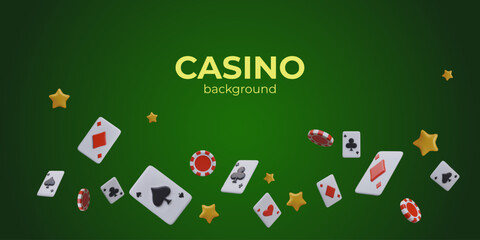 Commercial horizontal casino banner on green background. Realistic vector floating cards, poker chips, stars. Place for text. Header, color flyer template