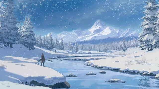 Beautiful fantasy winter landscape animation background and snowfall animation background on a frozen river. seamless looping time-lapse virtual 4k video animation background. Generated with AI