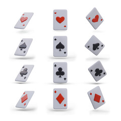 Set of realistic aces in different positions. Colored vector playing cards of different suits. Gambling games symbols. Red and black Spades, Hearts, Diamonds, and Clubs with shadows