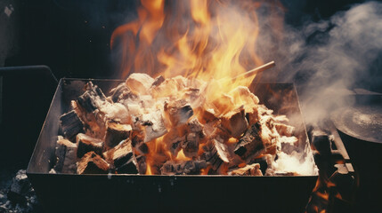 Burning wood chips to form coal. Barbecue preparation, fire before cooking.