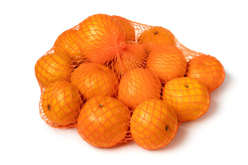 Single net with fresh orange mandarins close up isolated  on white background