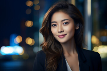 Obraz premium Young technologist woman standing against Modern Office, She is Beautiful Asian young woman in business clothing smile white working. Generative AI..