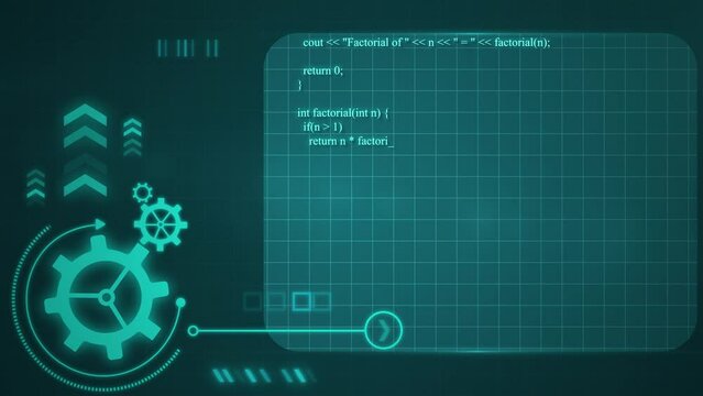 HUD is a futuristic GUI screen with scrolling programming security hacking code motion graphics, animation, and 4k.