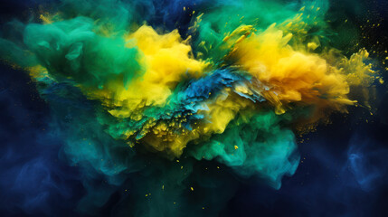 abstract powder exploding colors of the flag of brazil with green and blue background for copy space - obrazy, fototapety, plakaty