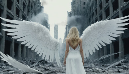 A blonde woman girl angel in a white dress and long white wings standing in front of a destroyed city. War apocalypse concept illustration