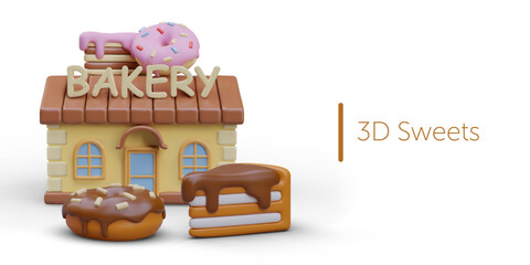 Sweet shop. Vector realistic composition on white background. Giant desserts, cakes, donuts. Place for advertising invitation, announcement. Color template for creative web design