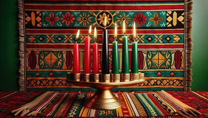 Happy kwanzaa greeting card with decoration of Mishumaa Saba seven candles in red, black and green colors. Kwanzaa holiday greeting card banner with African traditional candles on ethnic background