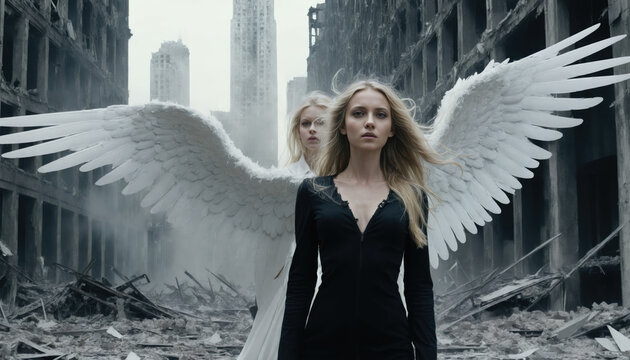A blonde woman girl angel in a black dress and long white wings standing in front of a destroyed city. War apocalypse concept illustration