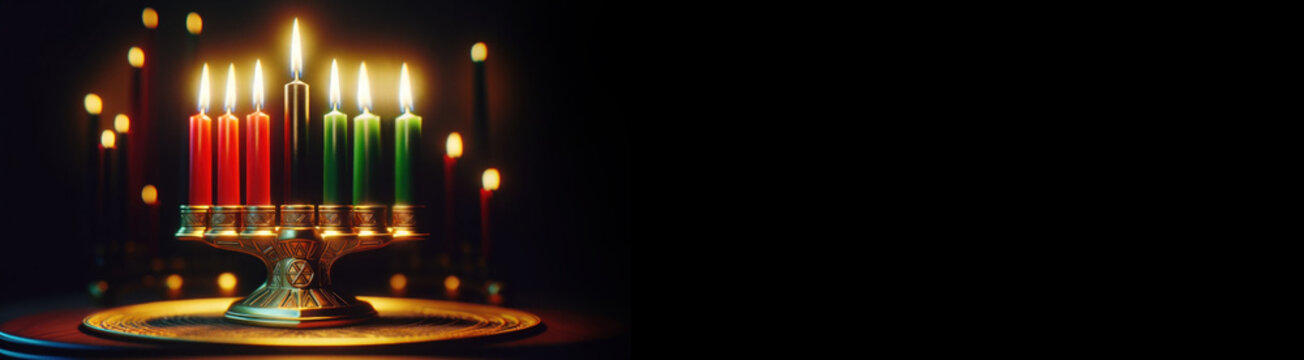Happy kwanzaa greeting card with decoration of Mishumaa Saba seven candles in red, black and green colors. Kwanzaa holiday greeting card banner with African traditional candles on black background