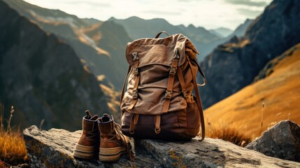 a backpack and hiking boots at the base of a mountain trail, brown tones,  - obrazy, fototapety, plakaty