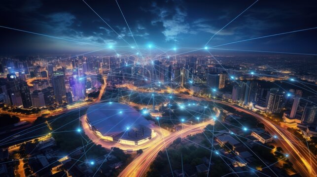 5G wireless network, big city background, drone view 