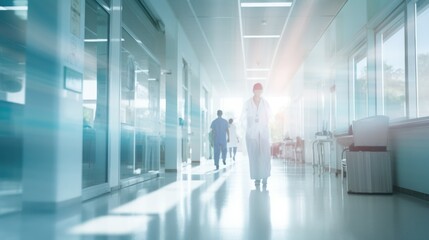 abstract blurred image of doctor and patient people in hospital interior or clinic corridor for background,  - obrazy, fototapety, plakaty