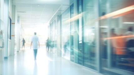 Fototapeta na wymiar abstract blurred image of doctor and patient people in hospital interior or clinic corridor for background, 