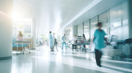 abstract blurred image of doctor and patient people in hospital interior or clinic corridor for background, 