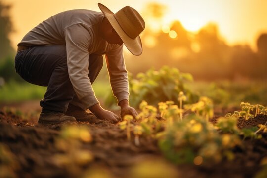 A farmer assessing the quality of the harvest on a green farm at sunset