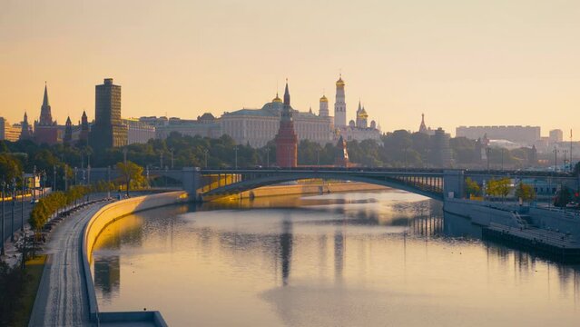 Moscow Kremlin and morning sun. View from the Patriarshy Bridge, Russia