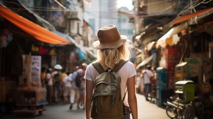 Traveler girl in street of old town ,Women and travel, Women and travel  - obrazy, fototapety, plakaty