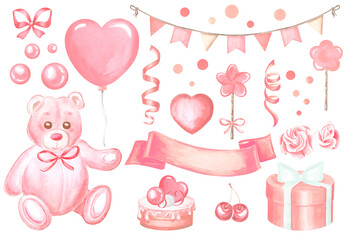 Valentine's Day watercolor illustration. Teddy bear with heart, balloon, gift box and cake Set of hand drawn isolated objects in pink color perfect for romantic cards, birthday and party decorations.