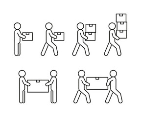 Box delivery, person move cargo, line icon set. Courier with package, relocation. Transfer weight. Vector