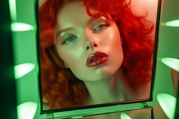 Attractive young ginger woman with perfect makeup looking into a colorful-backed makeup mirror