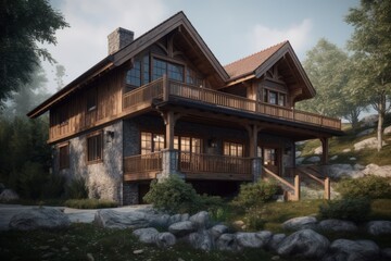 Fototapeta na wymiar Exterior of wooden private house with stone base. Traditional chalet architecture.