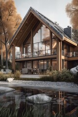 Fototapeta premium Wooden private house with pond in front of it. Traditional chalet architecture.