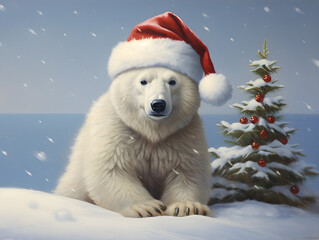 Charming Polar Bear in Santa Hat with Serene Gaze Amidst Snowflakes and Christmas Tree Decor, Winter Holiday Calmness Concept