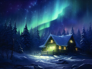 Cozy Log Cabin Illuminated on Serene Winter Night with Warm Glowing Lights - Concept of Tranquil Holiday Retreat and Peaceful Solitude in Snowy Landscape