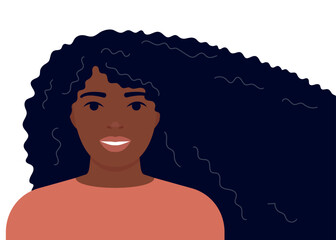Young woman with long flowing hair. Black african girl care for hair on head. Template for beauty salon, hair salon, shampoo or Womens Day, 8th March. Vector