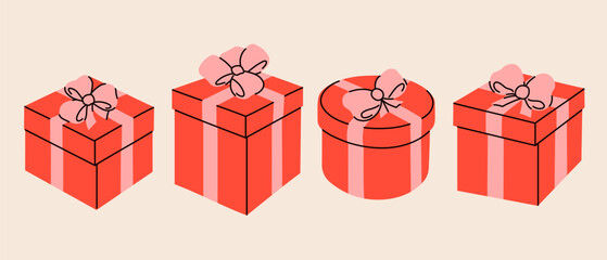christmas vector red gift boxes set banner background in flat style illustration