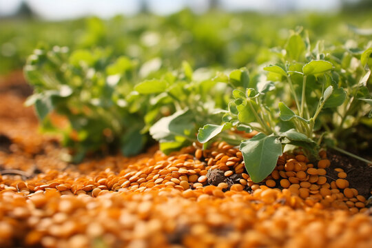 Red lentil bushes on the field