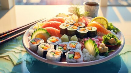 Dish filled with sushi, Japanese food, restaurant food