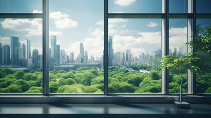 Eco green city view though window in office 
