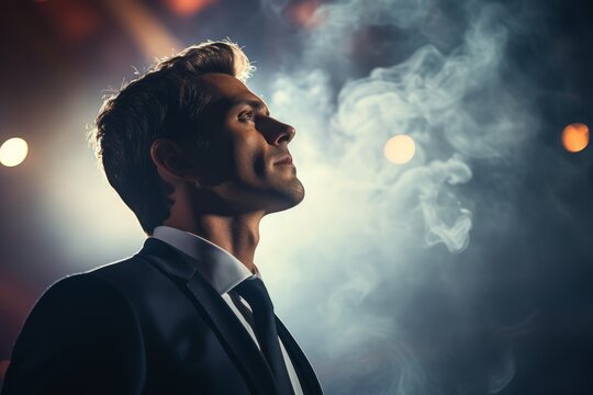 portrait shot of elegance businesman standing over stage show with smoke fog in the background dramatic light and image business man in vision and successful feeling shot