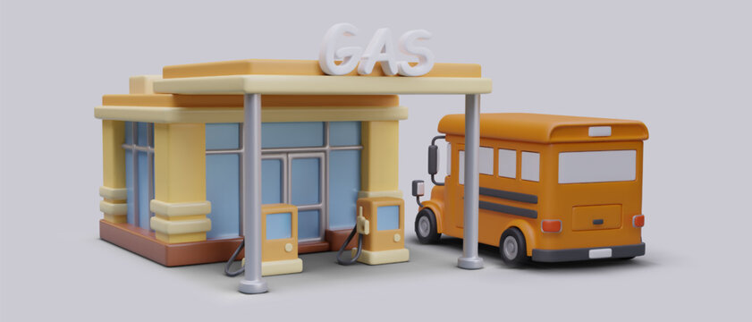 Vector gas station advertisement in cartoon style. Yellow bus, rear view. Refueling of municipal transport, fuel coupons. Modern gasoline. Horizontal color poster