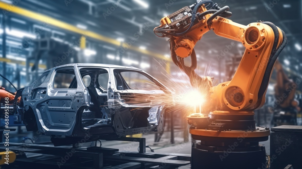 Poster engineer check and control welding robotics automatic arms machine in intelligent factory