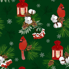 Seamless vector illustration with rowan branches, Christmas flashlight and birds