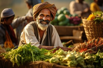 Happy cheerful smiling indian man vendor selling vegetables and fruits at the farmers market