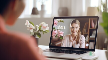 Home customer support, laptop video call and woman explain consultation,  - obrazy, fototapety, plakaty