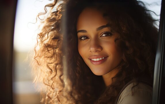 Young Mixed Race Woman Looking Out Of The Car And Smiling 