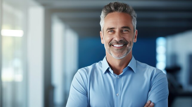 Happy middle aged businessman standing by his workplace, looking aside at copy space, 