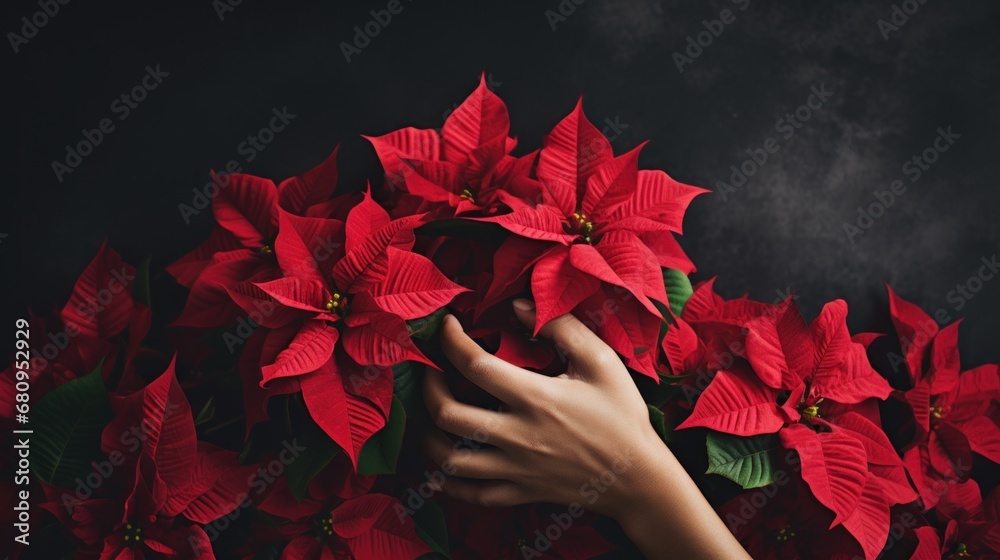 Sticker Christmas poinsettia flowers in hand on black background, AI