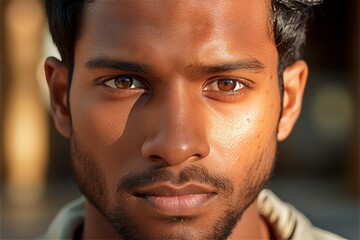 Obraz premium Close up male indian face handsome man with bright brown eyes looking at camera