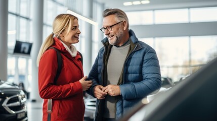 Middle age couple choosing and buying car at car showroom.  - obrazy, fototapety, plakaty