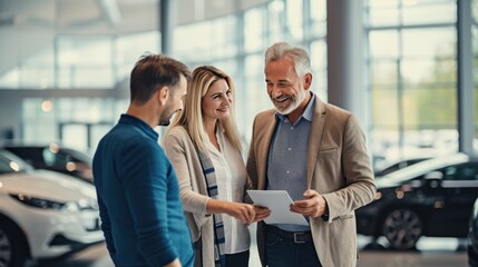 Middle age couple choosing and buying car at car showroom. 